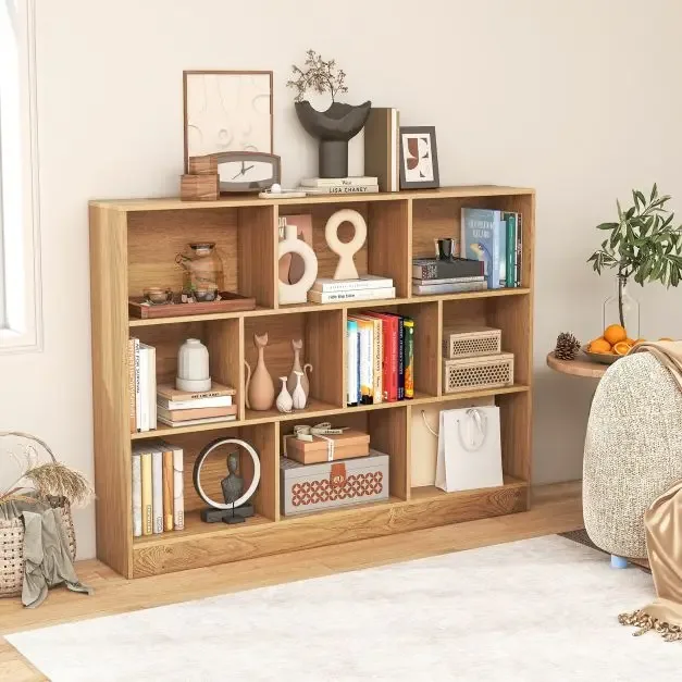 Етажерка с 10 кубични отделения и 2 комплекта против преобръщане, 140 × 24 × 104 см, натурална, снимка 3