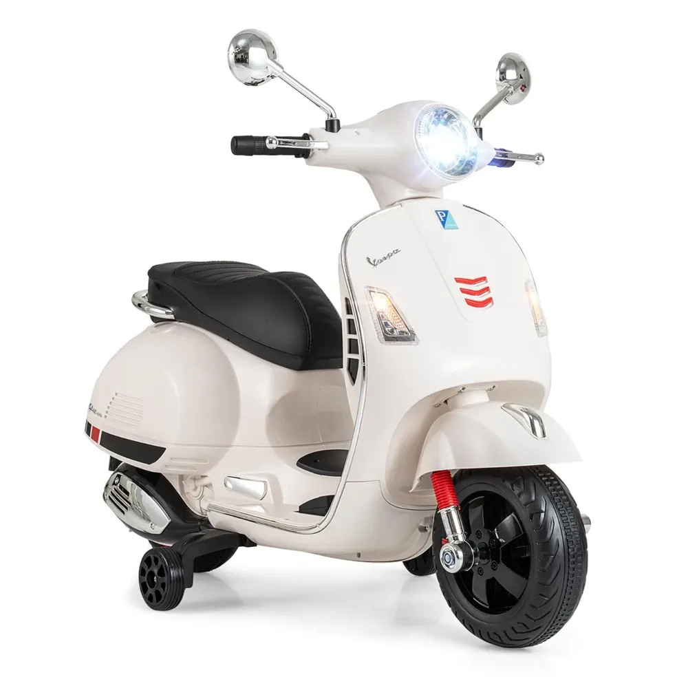 Детски електрически мотор Vespa 12 V с помощни колела, музика и клаксон, бял