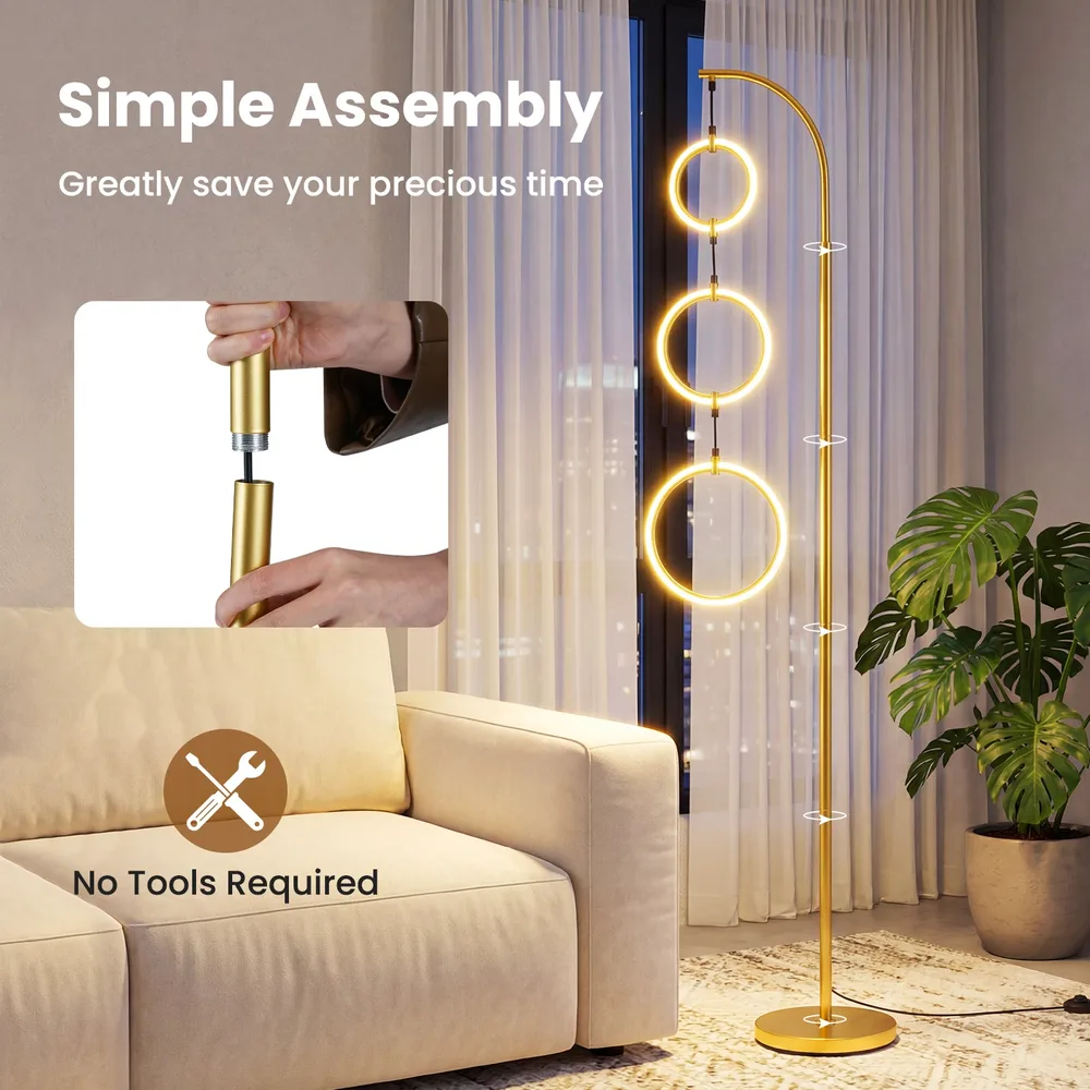 Подова лампа с 3 LED пръстена и димиране, 180 см, златиста, снимка 7