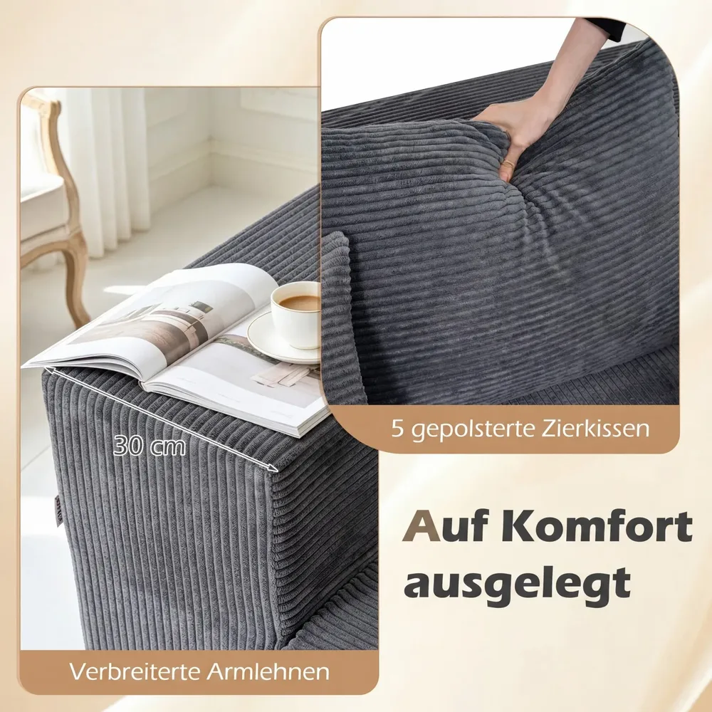 Ъглов модулен диван за 4 души с шезлонг, рипсено кадифе, 275 × 177 см, сив, снимка 4