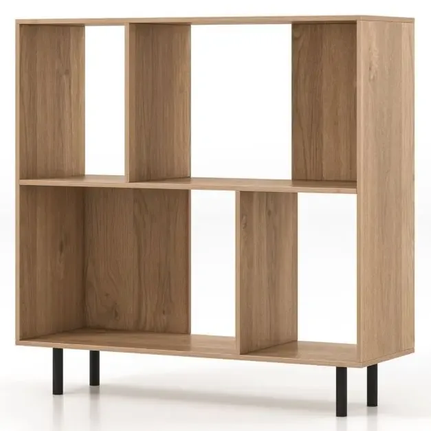 Етажерка с 4 отворени отделения и метални крака, 90 × 30 × 90 см, натурална