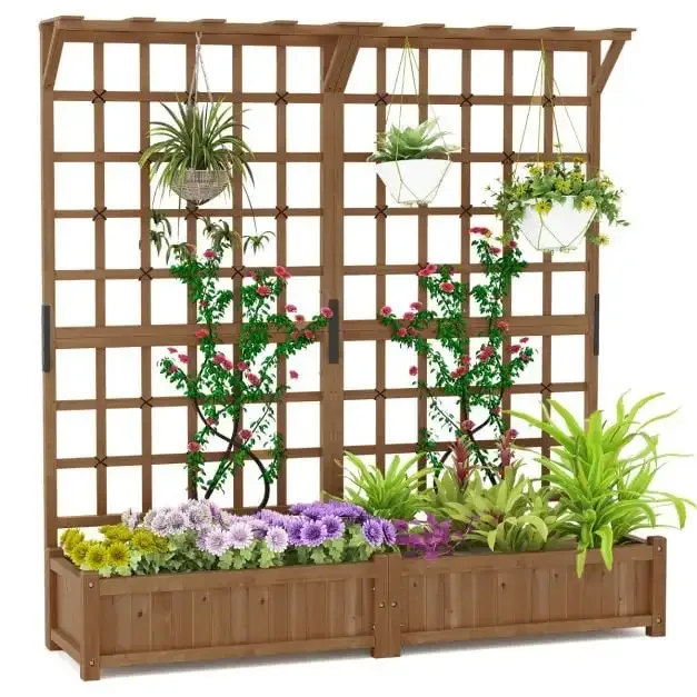 Висока дървена повдигната леха с решетки и висящ покрив, 180 × 48 × 183 см, кафява