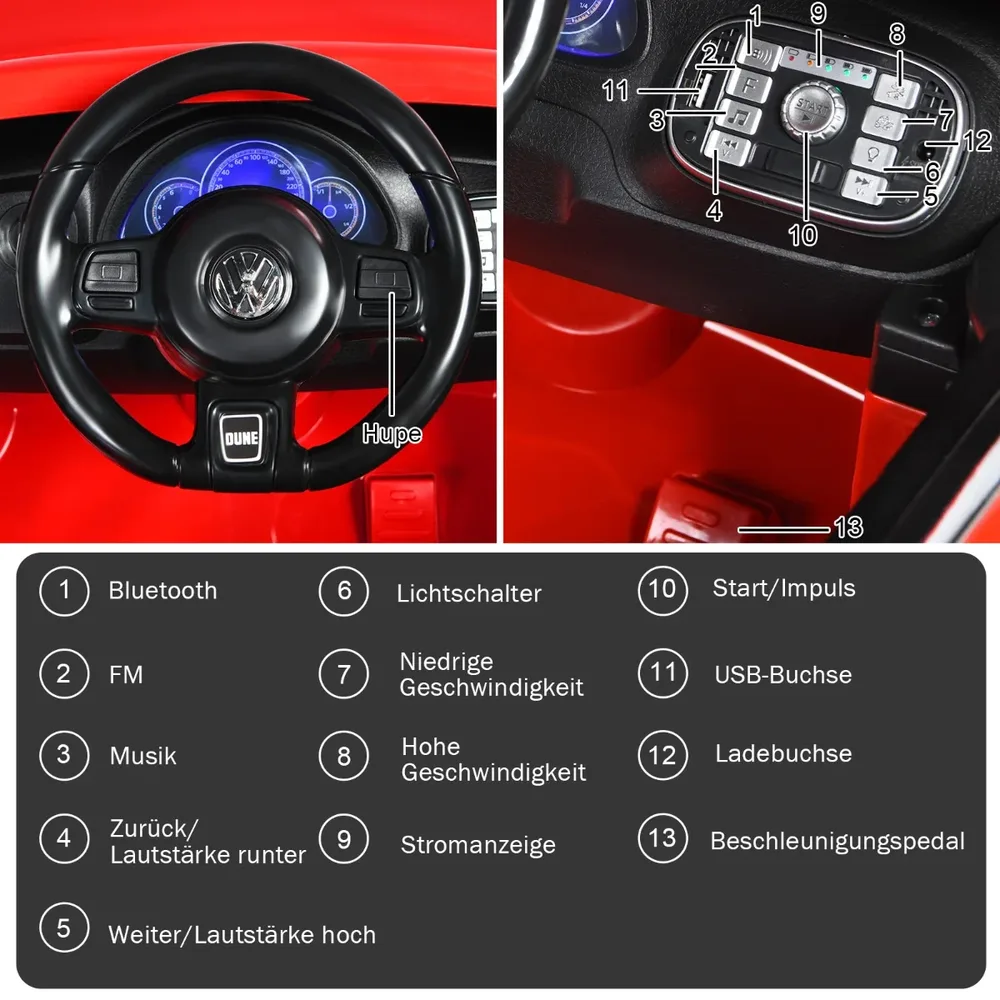Детска електрическа кола VW Beetle с музика, 2 режима на светлини и дистанционно, червена, снимка 4