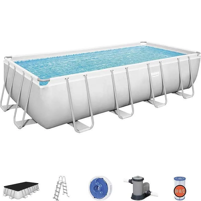 Басейн с метална конструкция, сглобяем, 549 × 274 × 122 см, Bestway 56465 Power Steel, с филтърна помпа, хлоринатор, стълба и покривало