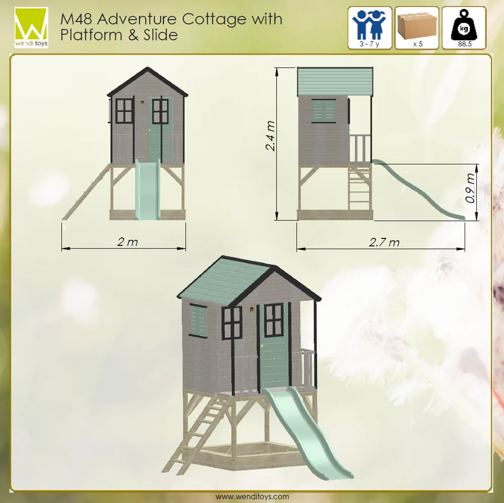 Детска къщичка за приключения Cottage House с платформа и пързалка - Пастелно зелен, снимка 4