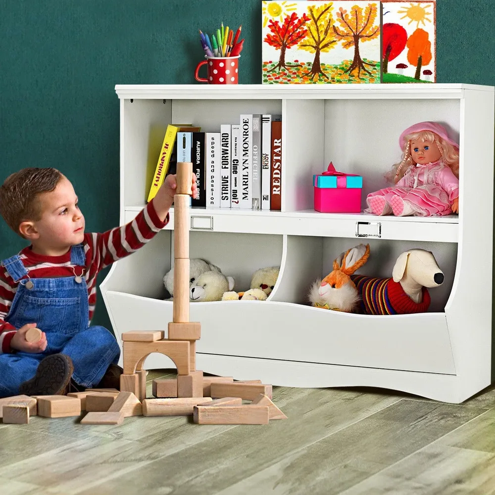 Детска етажерка за играчки и книги с 4 отделения, бяла, снимка 7