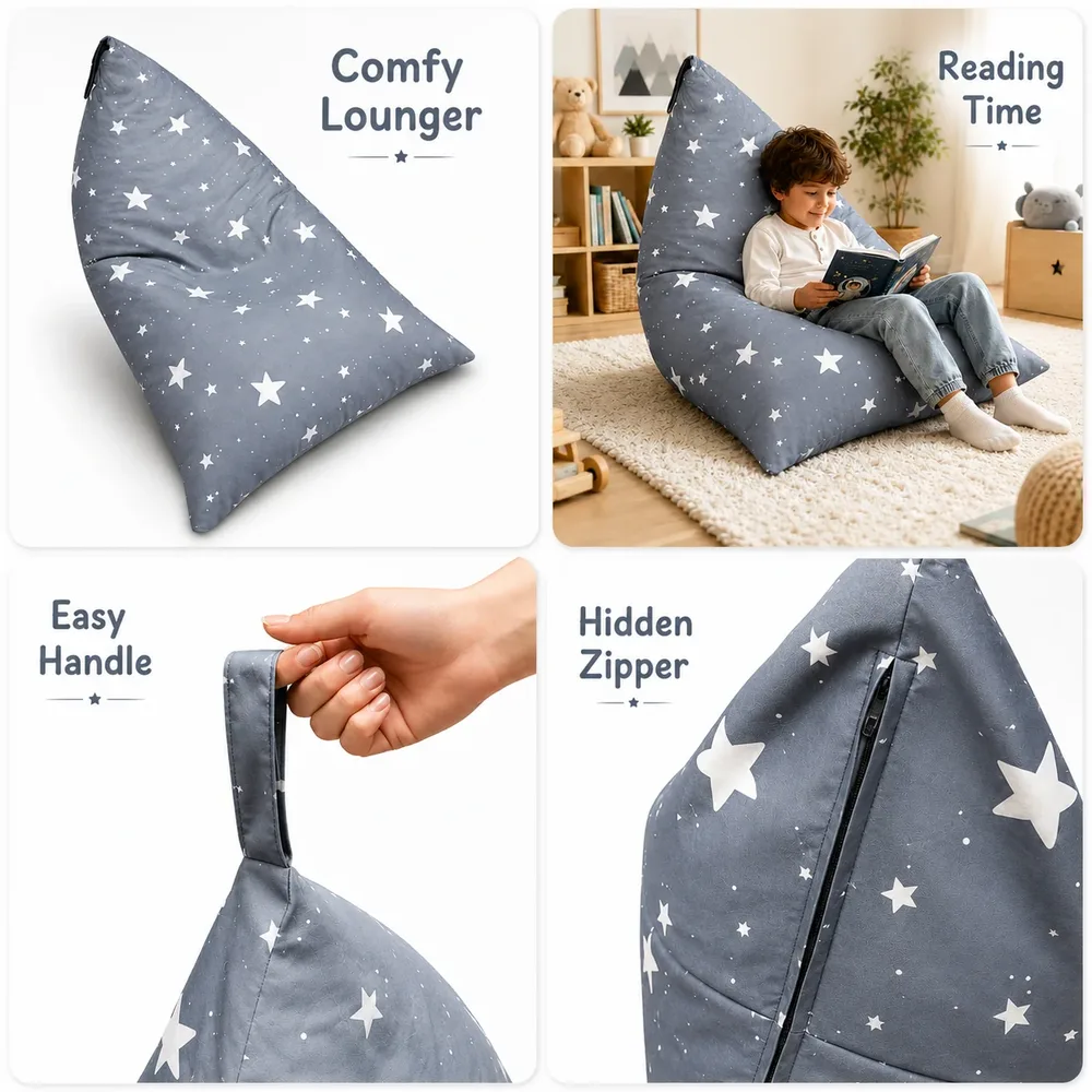 Детски пуф лежанка Little Stars, 100% памук, сив барбарон със звезди, 127x81x76 см, снимка 6