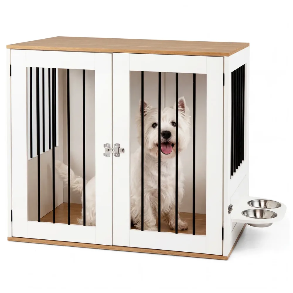 Клетка за куче във вид на мебел, 80 см, с двойно заключване на вратите, бяла, снимка 4