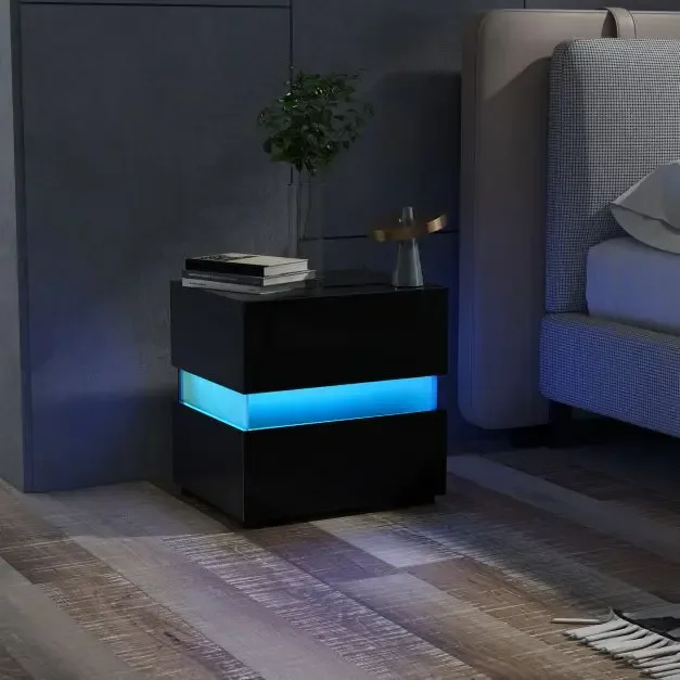 Нощно шкафче с 2 чекмеджета и LED осветление, черно, снимка 6