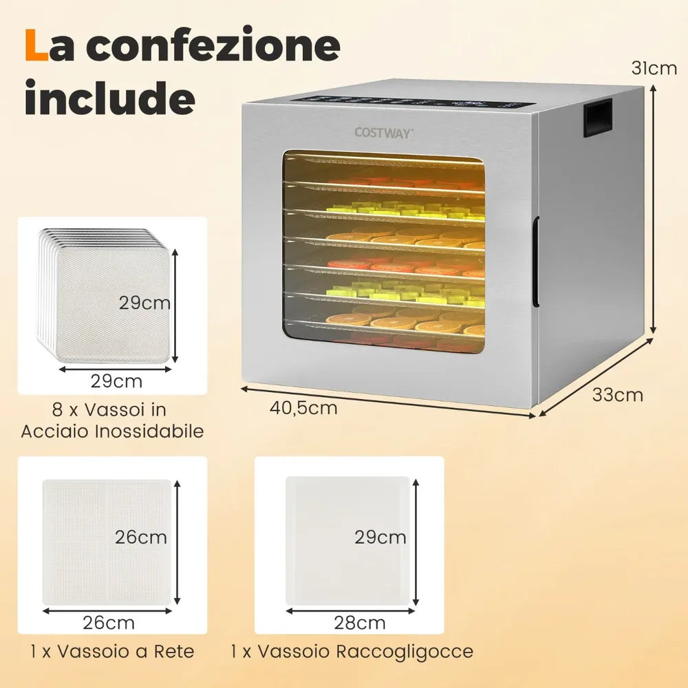 Дехидратор за храна 850 W с 8 тави от неръждаема стомана, таймер 48 ч, 35–75 °C, сребрист, снимка 2