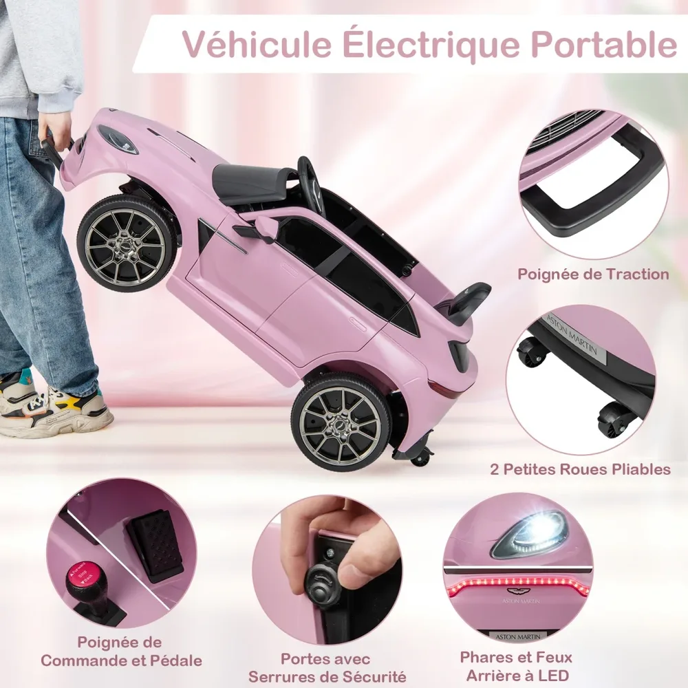 Детска електрическа кола Aston Martin 12V с дистанционно, музика и LED светлини, розова, снимка 2