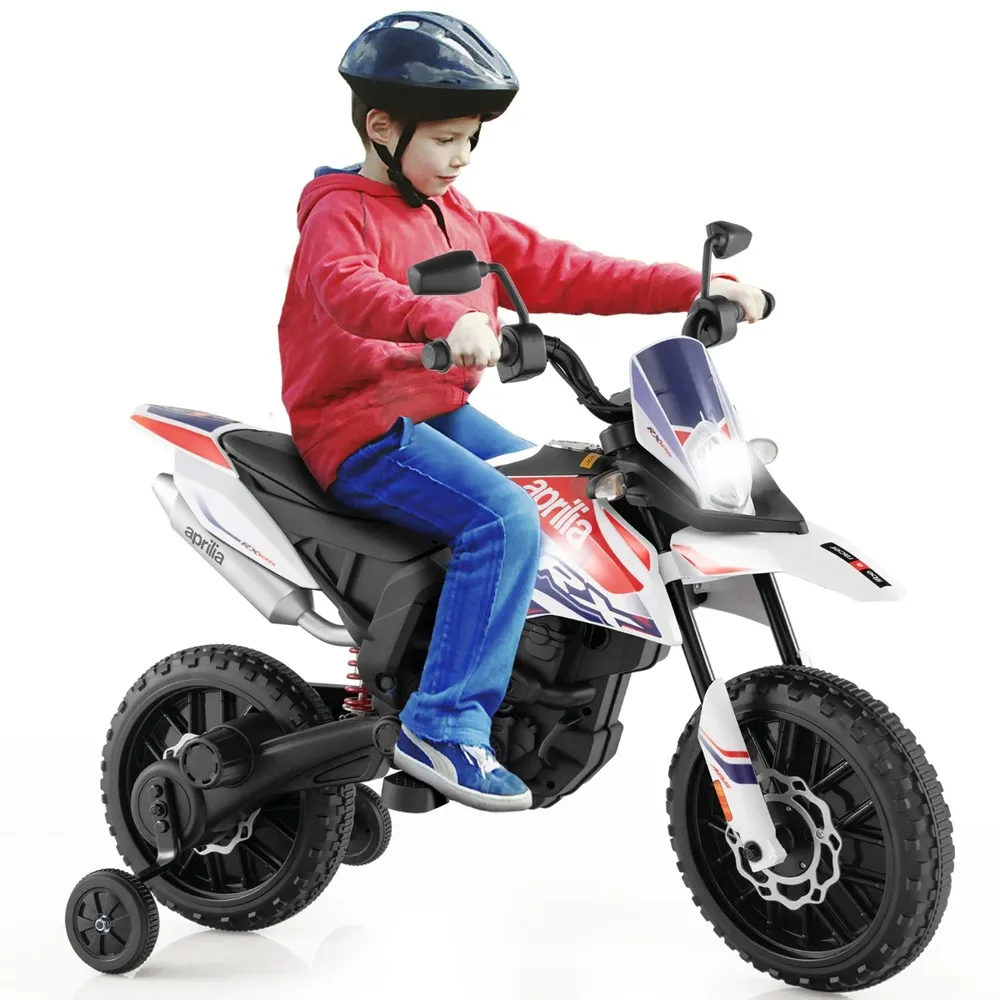 Детски електрически мотор Aprilia 12V с помощни колела, музика и фар, бял