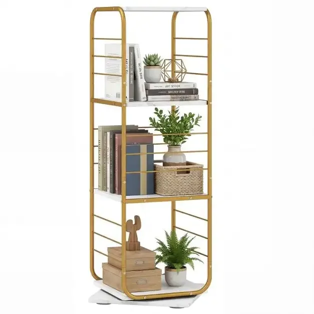 Въртяща се 4-етажна етажерка за книги 360° с метална рамка, 115 см, златиста