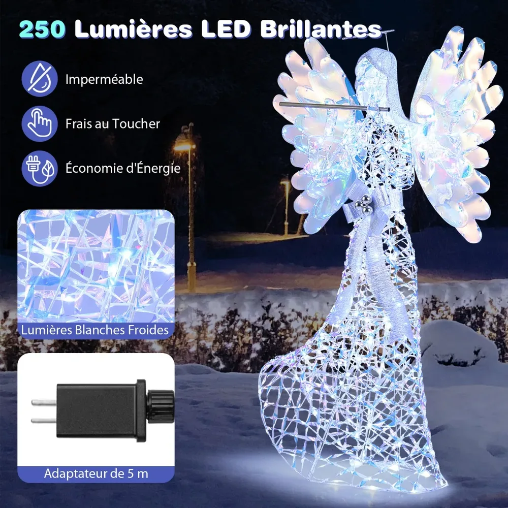 Светещ 3D коледен ангел с флейта и искрящ ореол, 158 см, 250 LED светлини, бял, снимка 4