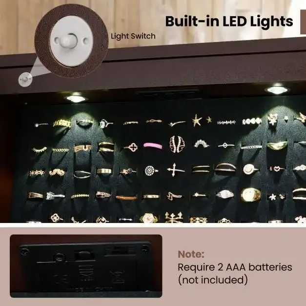 Стоящ бижутерен шкаф с вътрешни LED светлини и 4 положения на наклона, кафяв, снимка 8