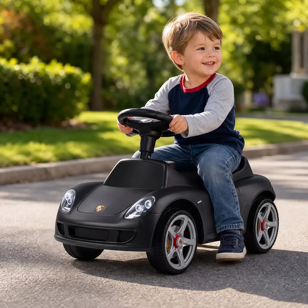 Детска кола за каране с краката Porsche с клаксон и звукови бутони, черна, снимка 8