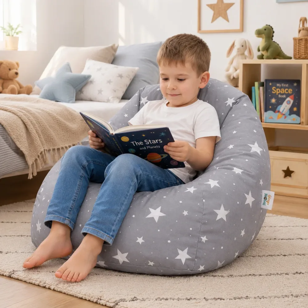 Детски пуф кресло Little Stars, 100% памук, сив барбарон със звезди, 55x44x55 см, снимка 2