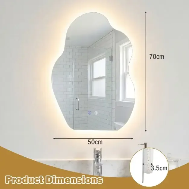 Асиметрично огледало за баня с LED осветление, против изпотяване и памет, 70 × 50 см, снимка 3