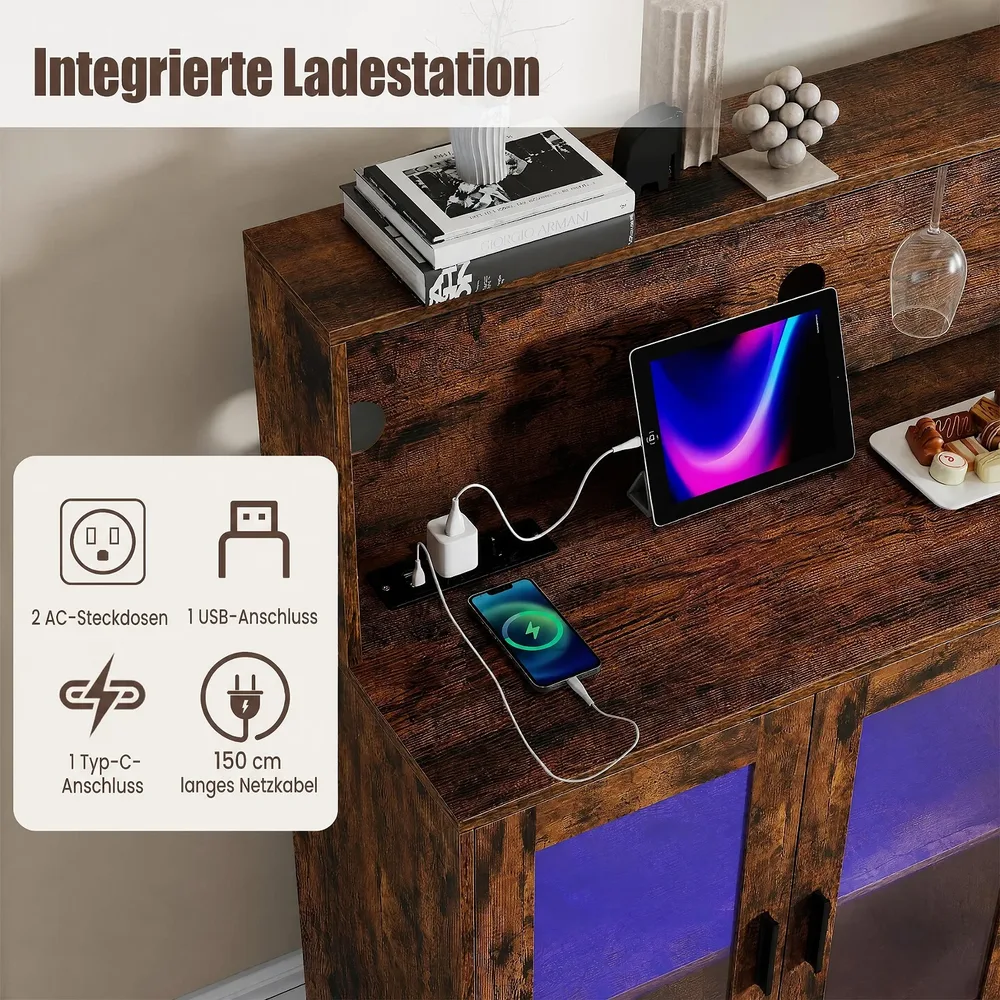 Кухненски бюфет с отворени отделения, контакти и LED осветление, 120 × 40 × 115,5 см, кафяв, снимка 5