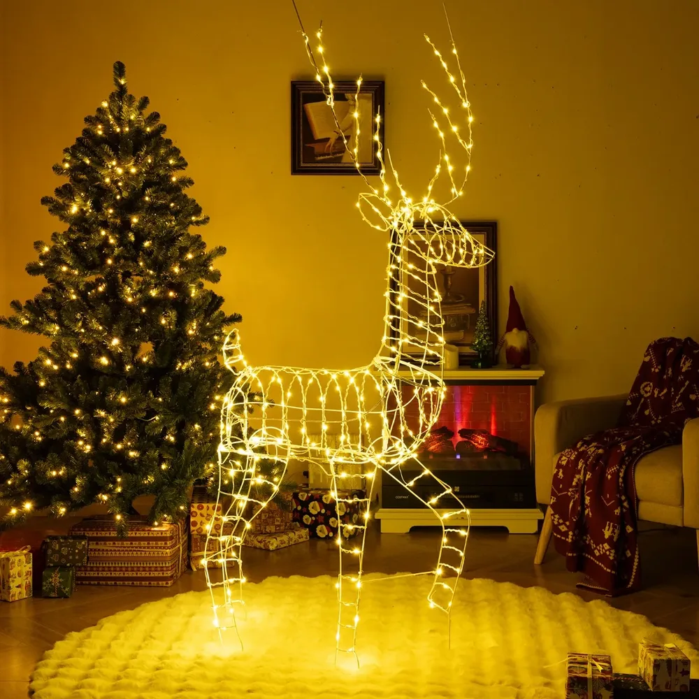 Светещ 3D коледен елен, 186 см, с 300 топли LED светлини, бял