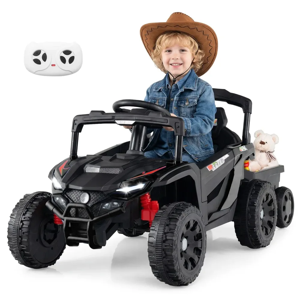 Детска електрическа кола UTV с откачащо се ремарке и дистанционно, 12 V, черна