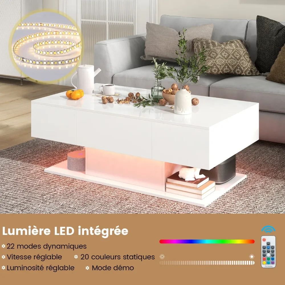 Холна маса с висок гланц и LED осветление в 20 цвята, 110 × 60 × 40 см, бяла, снимка 8