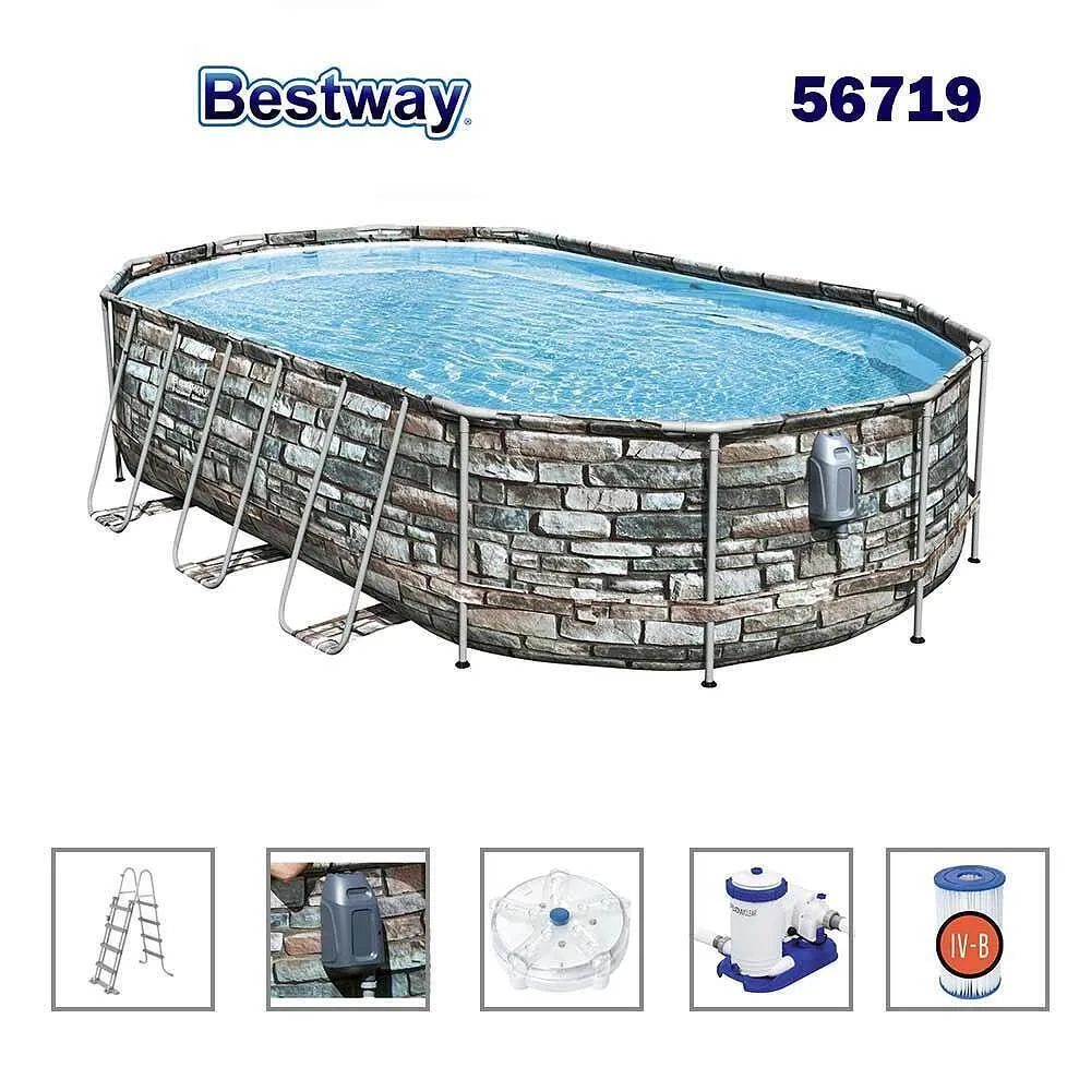 Басейн с метална конструкция, сглобяем, овален, 610 × 366 × 122 см, Bestway 56719 Power Steel, с филтърна помпа, стълба, скимер