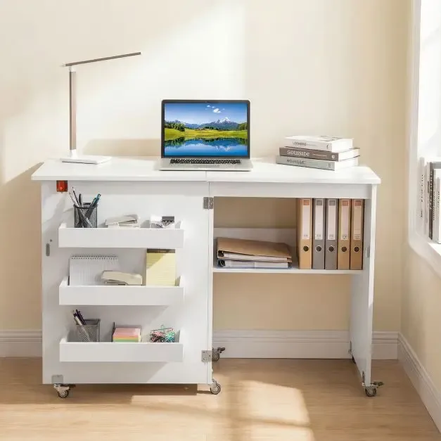 Сгъваема маса за шиене на колелца с рафт и 3 скрити контейнера, бяла, снимка 7