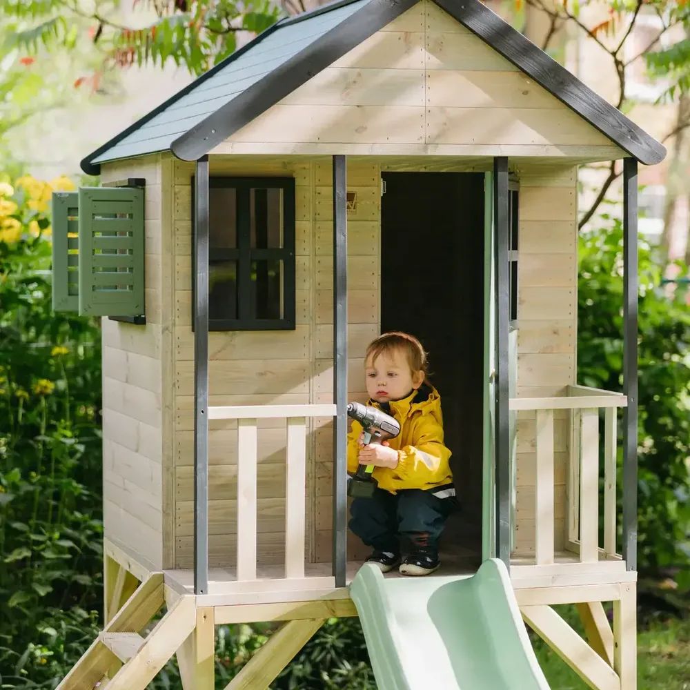 Детска къщичка за приключения Cottage House с платформа и пързалка - Пастелно зелен, снимка 5