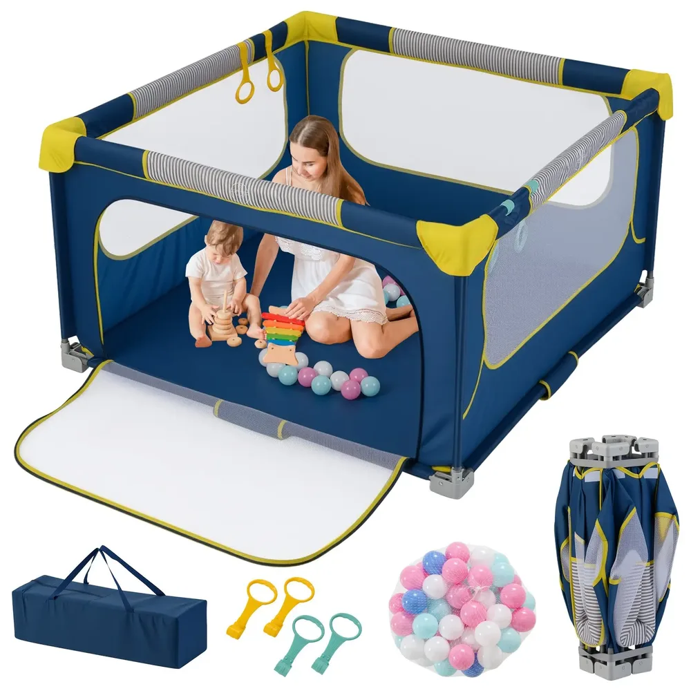Сгъваема бебешка кошара 127 × 127 см с 50 топки, 4 халки и врата с цип, тъмносиня