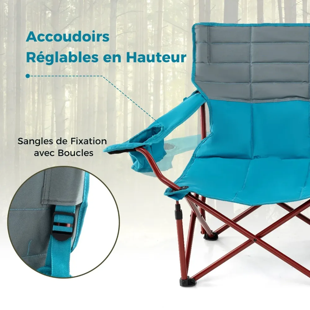Голям двуместен къмпинг стол с регулируеми подлакътници и поставки за чаши, тъмносин, снимка 2
