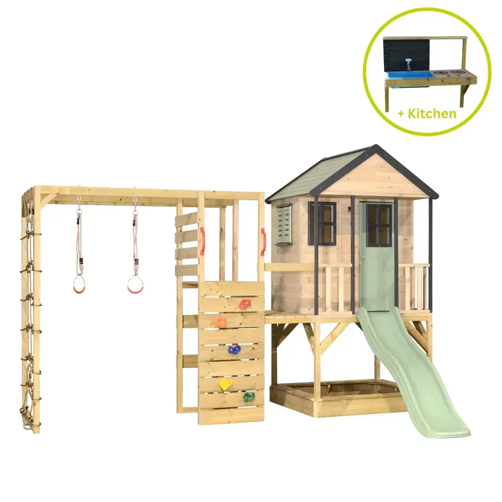 Детска къщичка за приключения Cottage House с платформа, пързалка, фитнес и кухня - Пастелно зелен