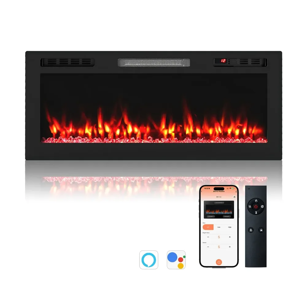 Електрическа камина за вграждане или стенен монтаж 750/1500 W с дистанционно, черна