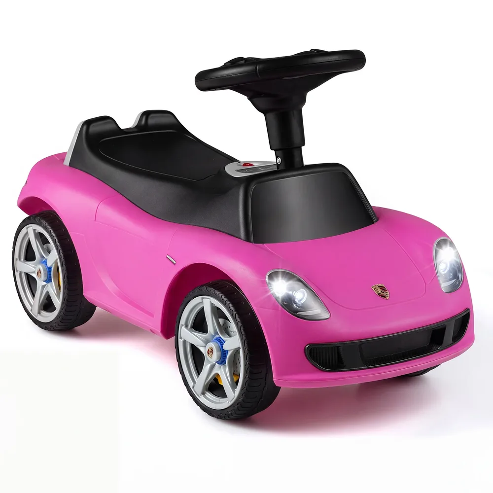 Детска кола за каране с краката Porsche с клаксон и звукови бутони, розова