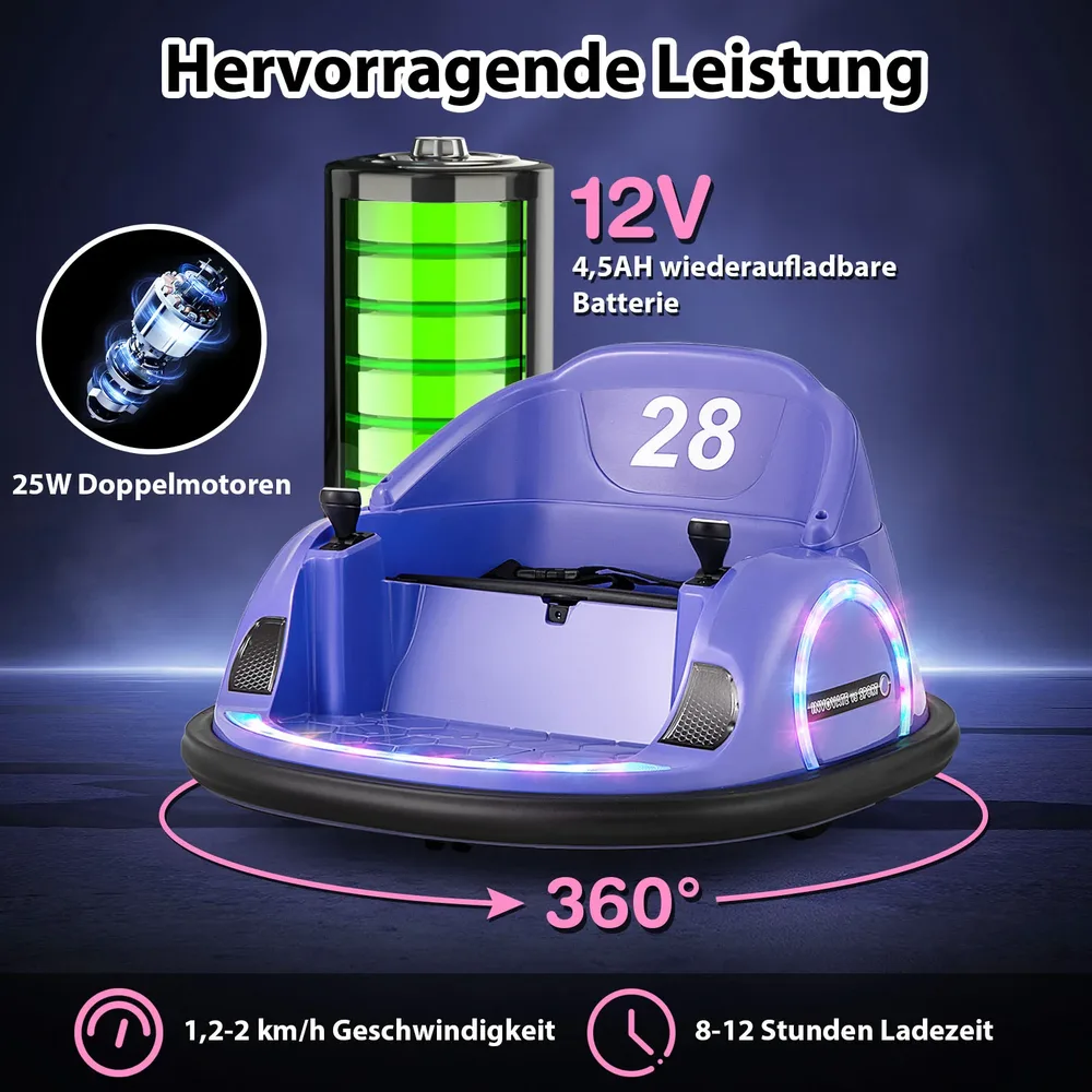 Детска електрическа бъмпер кола 12V с въртене на 360° и дистанционно, лилава, снимка 5