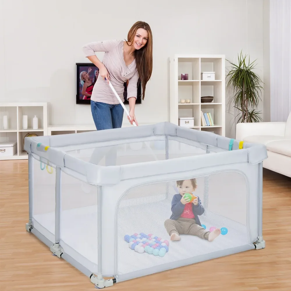 Сгъваема бебешка кошара 124 × 124 см със заключващ механизъм, светлосива, снимка 6