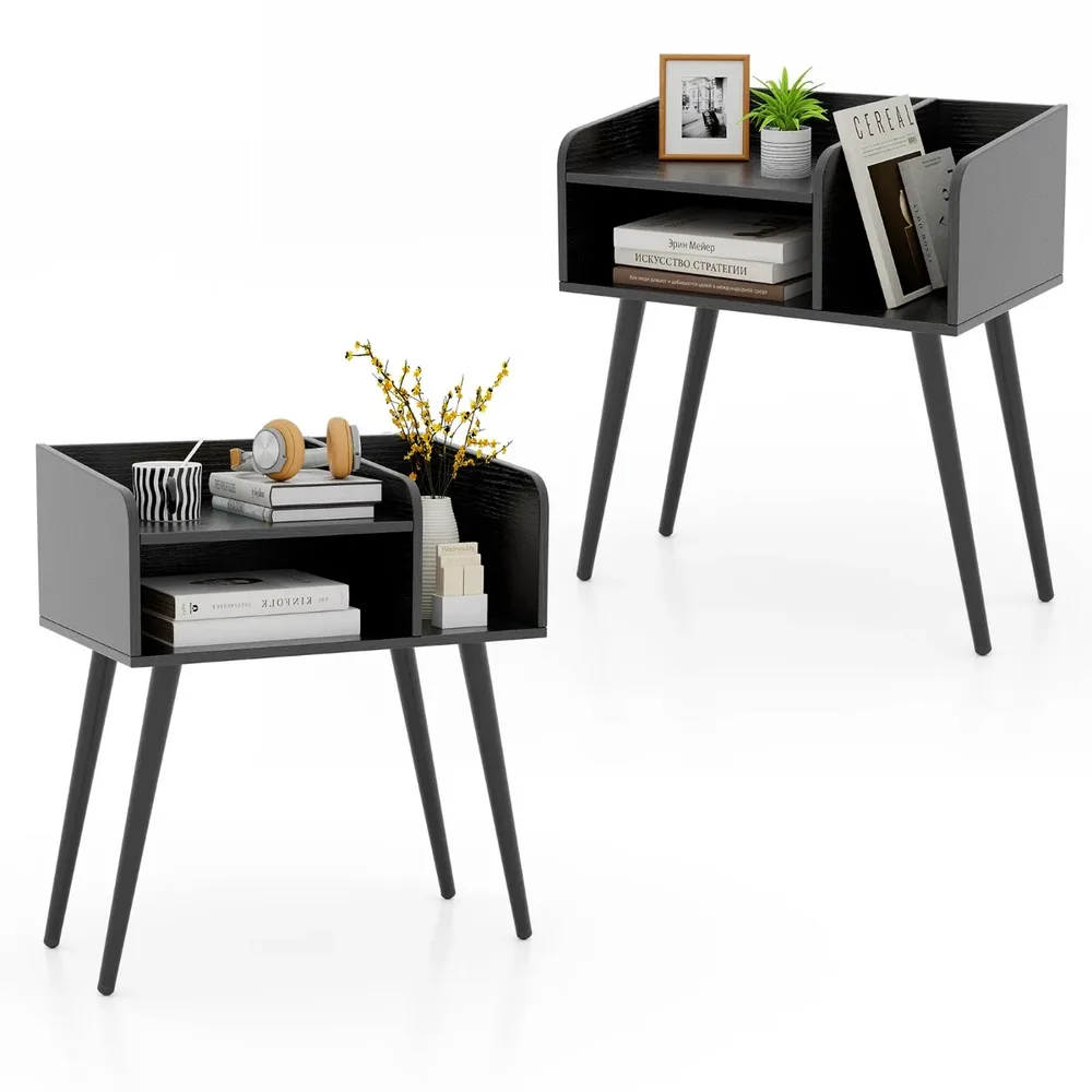 Комплект от 2 нощни шкафчета на 2 нива в стил mid-century, черни