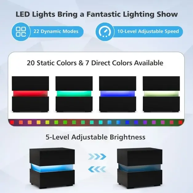 Нощно шкафче с 2 чекмеджета и LED осветление, черно, снимка 7