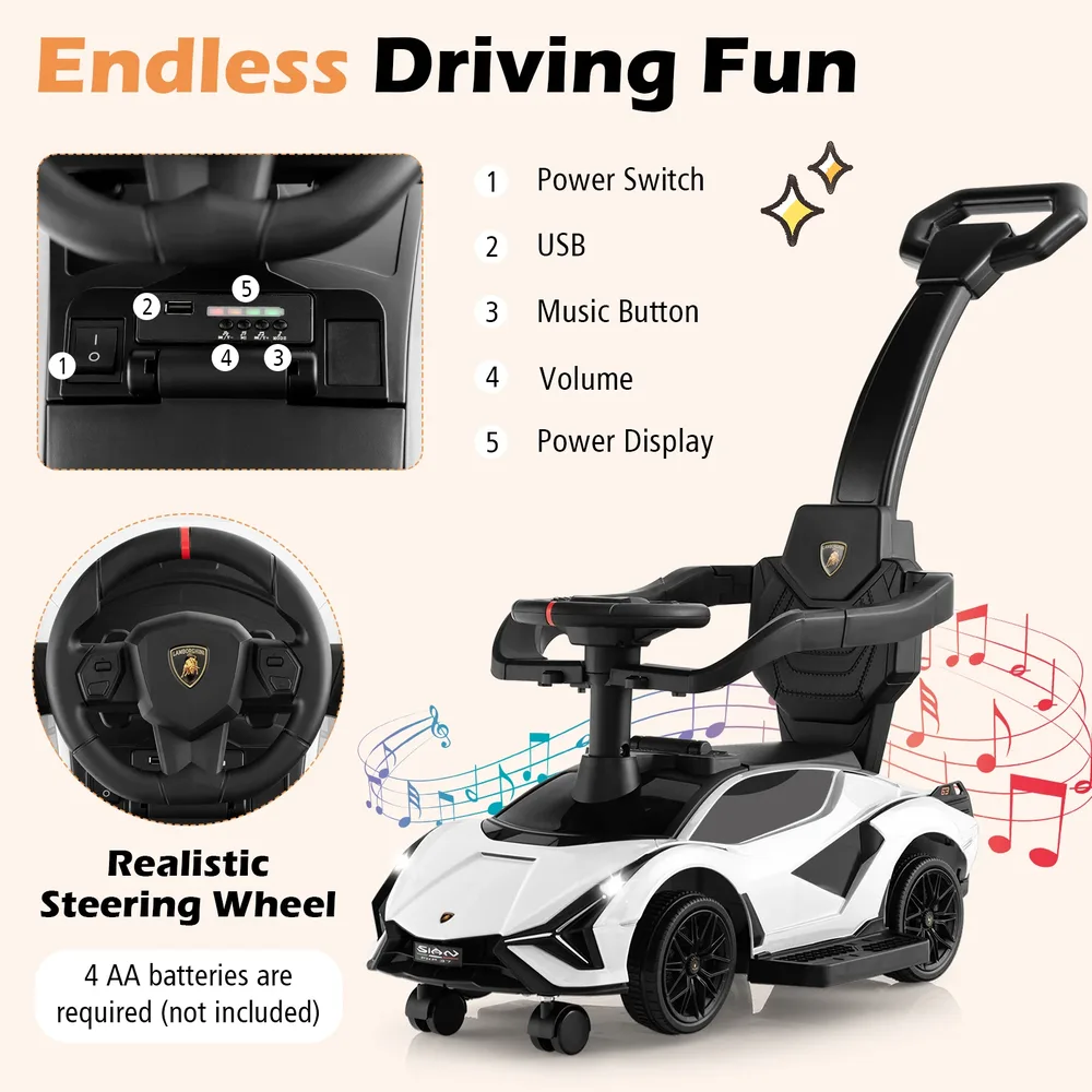 Лицензирана детска кола Lamborghini 3 в 1 за каране и бутане, бяла, снимка 6