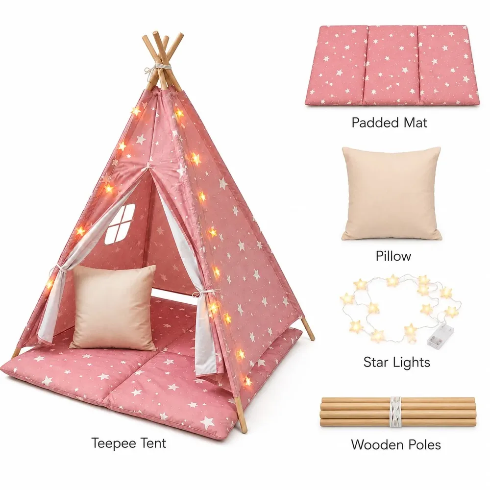 Детска памучна палатка Little Stars, типи, розова със звезди, 100% памук, с мека подложка с пълнеж, възглавница и LED лампички, 120x120x160 см