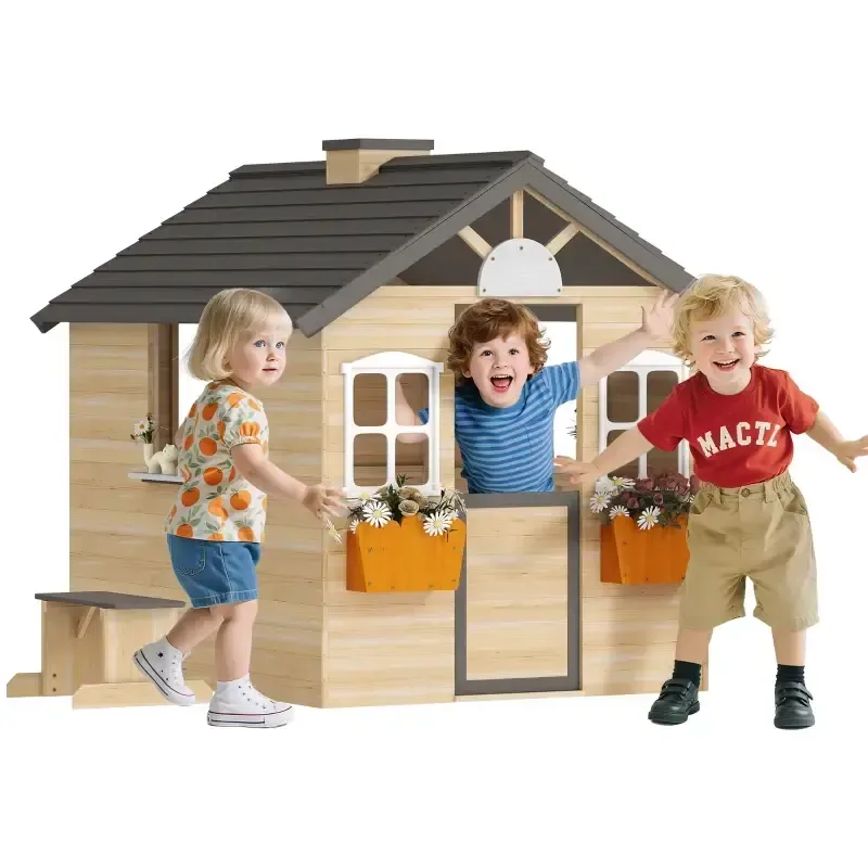 Дървена къщичка за игра с врата, прозорец, пощенска кутия, стойка за саксии, снимка 3