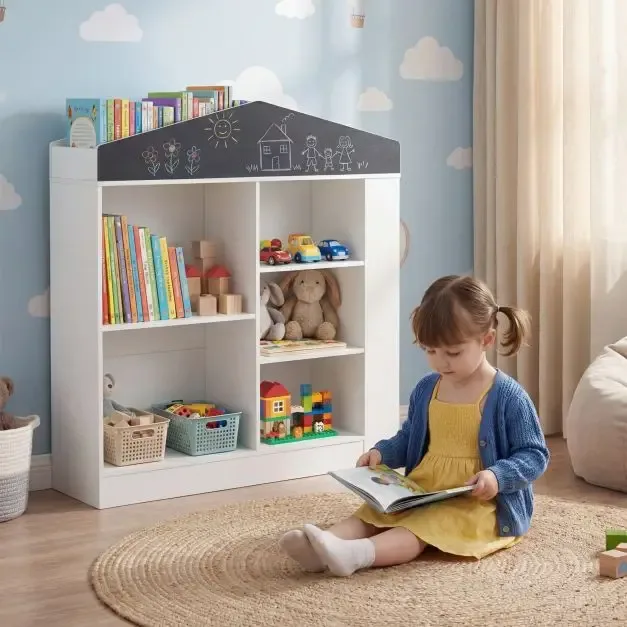 Детска етажерка за книги „къщичка“ с дъска за писане, 94 × 30 × 102 см, бяла, снимка 4