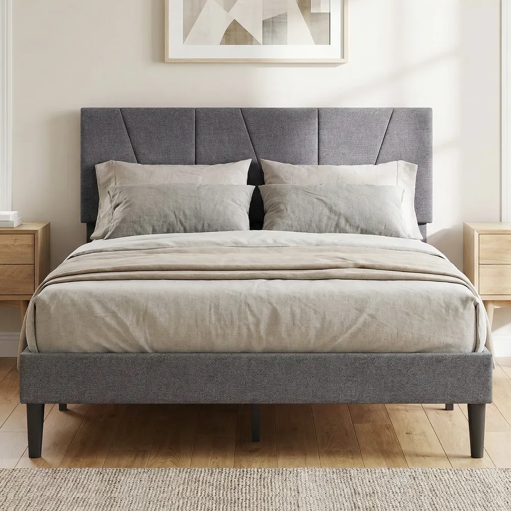 Тапицирана рамка за легло с регулируема геометрична табла, 140 × 200 см, тъмносива, снимка 5