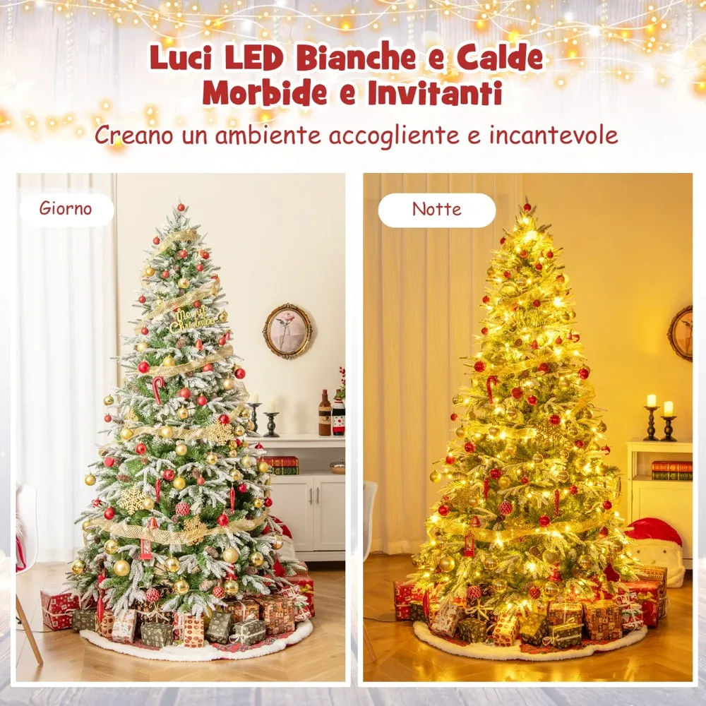 Изкуствена заснежена елха на панти с LED светлини и шишарки, 225 см, снимка 3