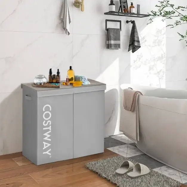 Кош за пране 105 л с дървен капак и 2 отделения, сив, снимка 2