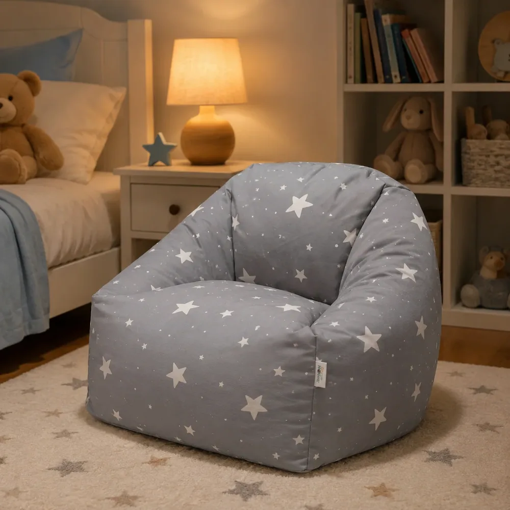 Детски пуф кресло Little Stars, 100% памук, сив барбарон със звезди, 55x44x55 см, снимка 10