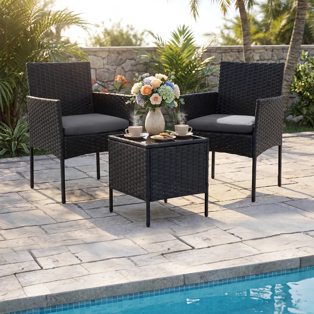 Комплект градински мебели от полиратан с 2 стола и маса със стъклен плот, сив, снимка 5