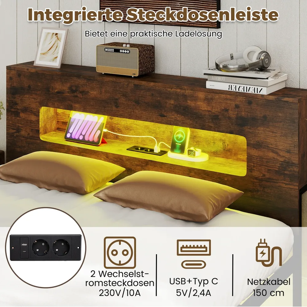 Индустриална рамка за легло с LED осветление и табла за съхранение, 140 × 200 см, кафява, снимка 7