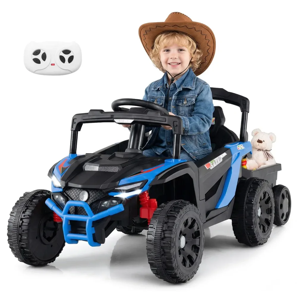 Детска електрическа кола UTV с откачащо се ремарке и дистанционно, 12 V, синя