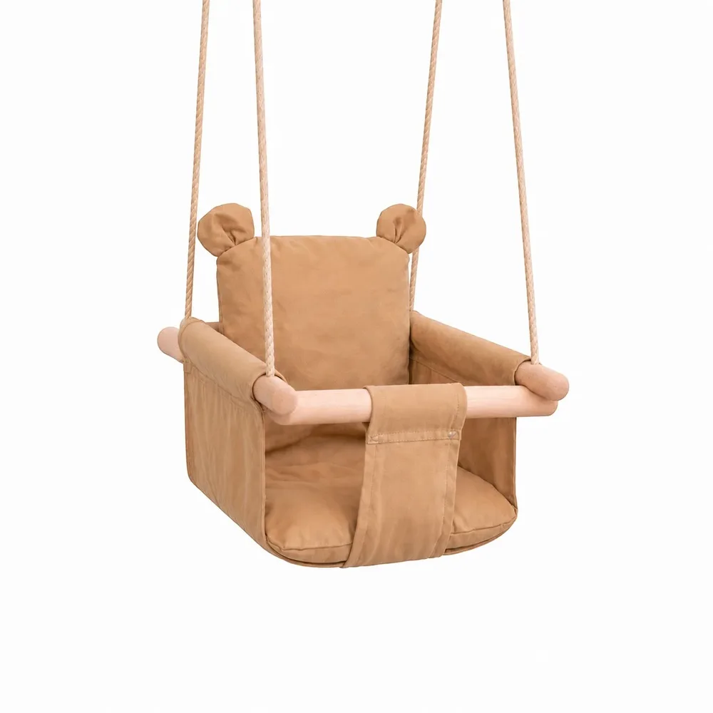 Детска дървена люлка мече – мека памучна седалка, до 30 кг, 28×28×196 см, снимка 3